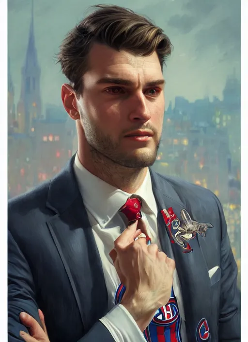 Image similar to ultra realistic illustration, handsome habs player. intricate, sainte flanelle suit, highly detailed, digital painting, artstation, concept art, smooth, sharp focus, illustration, art by artgerm and greg rutkowski and alphonse mucha and wlop