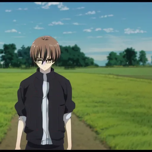 Prompt: high quality anime screenshot of an uncanny man standing in the middle of an open field