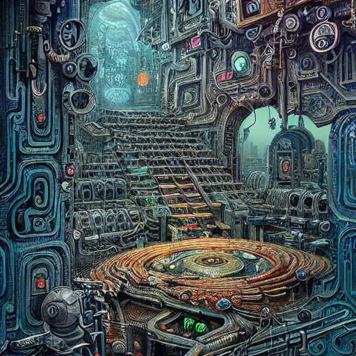 Image similar to a hyper realistic painting of a cyberpunk labyrinth, by joe fenton, highly detailed, vivid color,