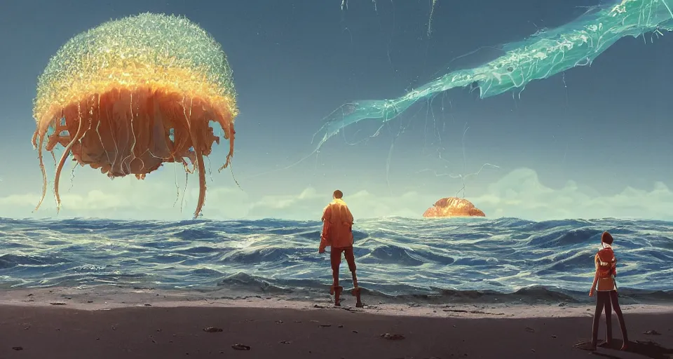 Image similar to A very beautiful serene coastal landscape scene with a GIANT MECHA JELLYFISH looming in the distance, bright sunny the great waves of kanagawa splashing on the beach, Translucent rendered by simon stålenhag, rendered by Beeple, Makoto Shinkai, syd meade, environment concept, digital art, starwars, unreal engine, 3 point perspective, WLOP, trending on artstation, low level, 4K UHD image, octane render,
