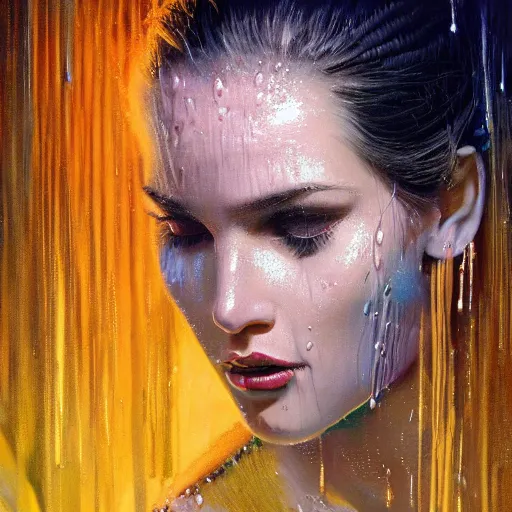 Image similar to detailed face of a woman clothed wrapped in textiles, lush, opulent, fauna, utopian, tech noir, wet reflections, prism, atmospheric, ambient, pj crook, syd mead, livia prima, artgerm, greg rutkowski, nick alm, casey baugh