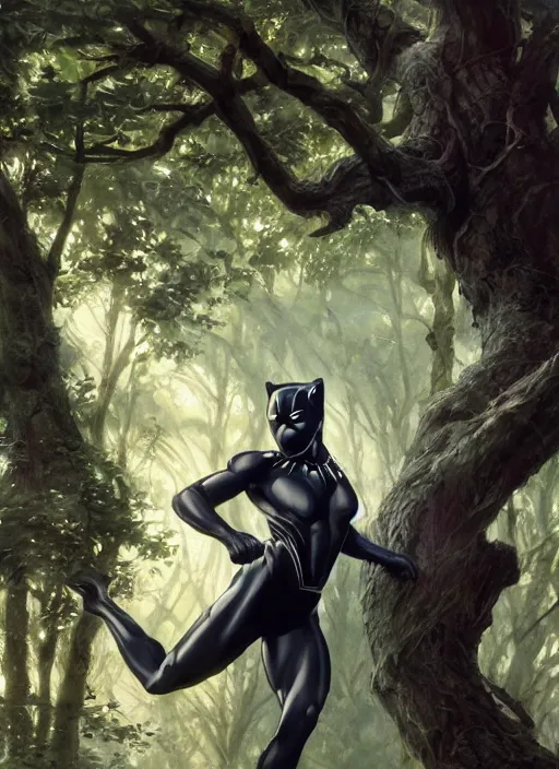 Prompt: Black Panther in a tree looking directly at you, octane render, concept art, smooth, sharp focus, illustration, sigma, rule of thirds, from Marvel Studios, by Ruan Jia and Mandy Jurgens and William-Adolphe Bouguereau, Artgerm