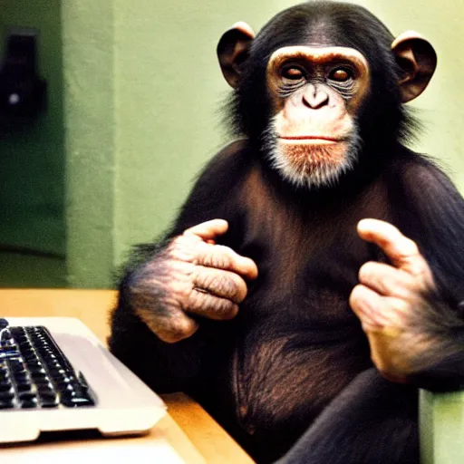 Prompt: a chimpanzee smiles with headphones on his head sits on a chair and looks at the computer holding the mouse, polaroid photo