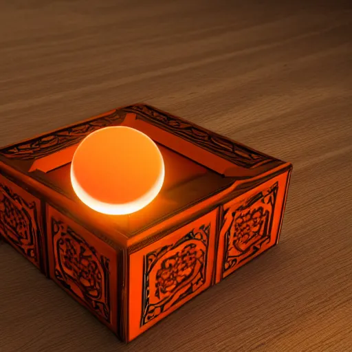 Image similar to a small arabesque carved wooden box with the lid open displaying a magic orange glowing orb inside. the box is sitting on a wooden tabel top with paper and magazines surrounding the box, hyper detail, dramatic lighting, octane render, unreal engine