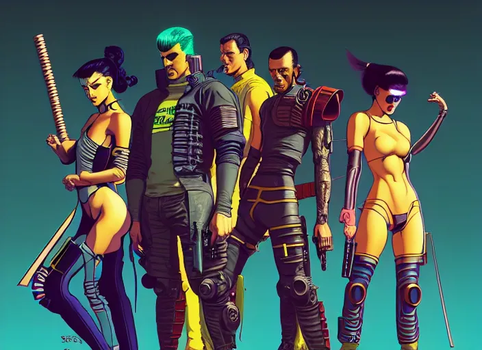 Prompt: cyberpunk samurai squad. portrait by stonehouse and mœbius and will eisner and gil elvgren and pixar. character design. realistic proportions. cyberpunk 2 0 7 7 character art, blade runner 2 0 4 9 concept art. cel shading. attractive face. thick lines. the team. diverse characters. artstationhq.