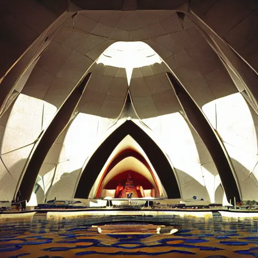 Image similar to interior of a futuristic lotus temple with gold, red and white marble panels, in the desert, by buckminster fuller and syd mead, intricate contemporary architecture, photo journalism, photography, cinematic, national geographic photoshoot