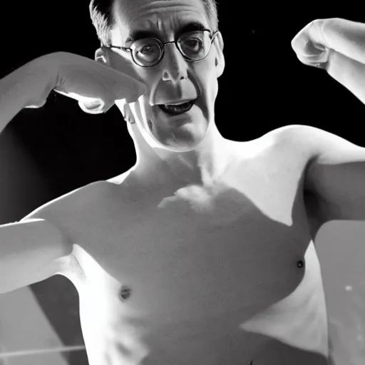 Prompt: jacob rees - mogg dancing shirtless on a nightclub podium, dramatic angle