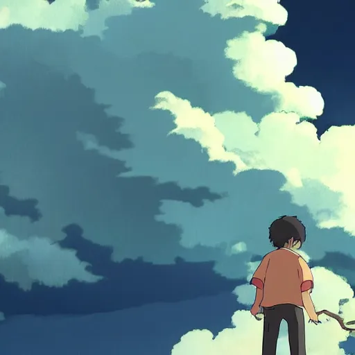 Prompt: friendly guy with Fragile looking portrait face stormy clouds made by Studio Ghibli highly detailed art, beautiful scene, sharp focus, smooth, 8k, anime art