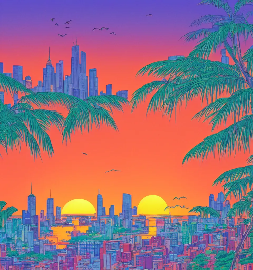Prompt: gorgeous romantic sunset, cliffside onlooking the beautiful city of new york, warm colors, tropical, in the style of hiroshi nagai, very detailed, tropical, 8 0 s