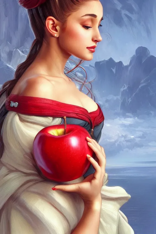 Image similar to beautiful cottagecore Ariana Grande holding a Red Apple, intricate, elegant, highly detailed, digital painting, artstation, concept art, smooth, sharp, focus, illustration, art by artgerm and greg rutkowski and alphonse mucha