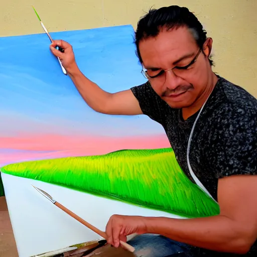 Prompt: A Peruvian artist painting a plain green picture on canvas