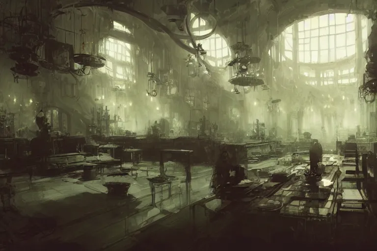 Prompt: alchemy lab interior, intricate, elegant, highly detailed, john park, craig mullins, sparth, ruan jia, jeffrey catherine jones