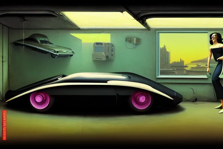 Image similar to a cinematic matte painting of a sleek 1 9 6 0 s vaporwave retro - futurism sci - fi car in a cluttered garage in mumbai. by eric lafforgue, glennray tutor and edward hopper, greg rutkowski. trending on artstation.