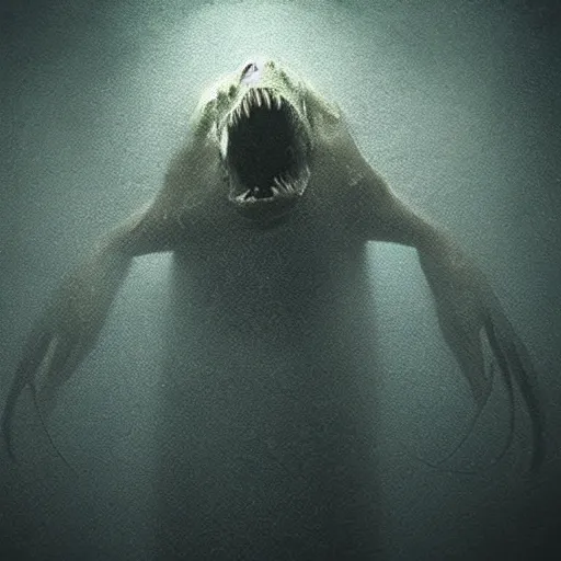 sea monster, wide angle, pov underwater, pale skin, dark, foggy  