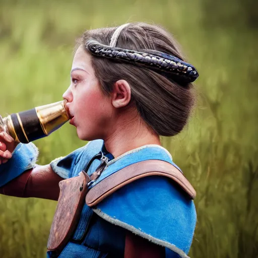 Image similar to a little blue-skinned girl with messy black hair sharp pointed ears freckles along the ridges of her cheeks drinking from a leather flask, dnd triton, high resolution film still, 4k, HDR colors