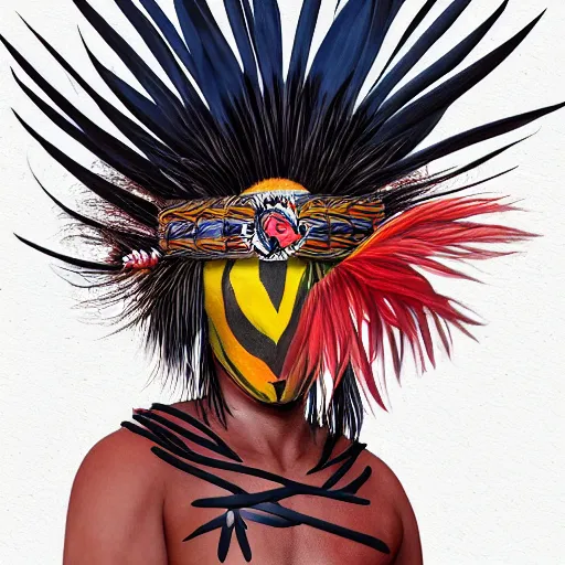 Image similar to a male tupi guarani warrior portrait with bird of paradise flower covering his face, art by marco mazzoni, dark background, asymmetrical, cinematic, colors red white blue and black