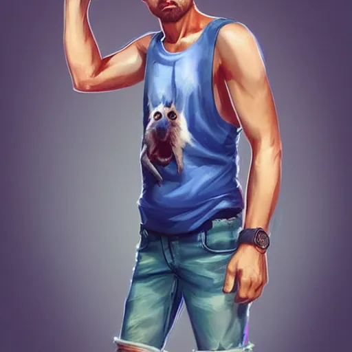 Prompt: Karl Pilkington wearing a tank top and blue jean shorts; by Stanley Artgerm Lau, WLOP, Rossdraws, James Jean, Andrei Riabovitchev, Marc Simonetti, and Sakimichan, trending on artstation