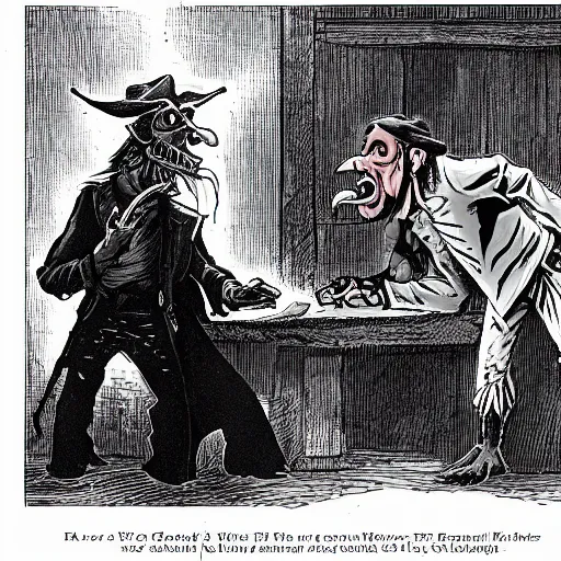 Image similar to a goblin with a large nose and a pirate with a bandana negotiating a contract with Micheal Morbius in a Western saloon.