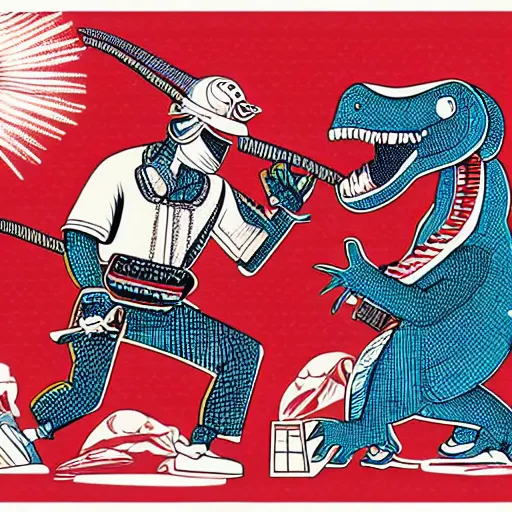 Image similar to memphis design, retro, 90s, detailed illustration, dinosaur samurai with a boombox