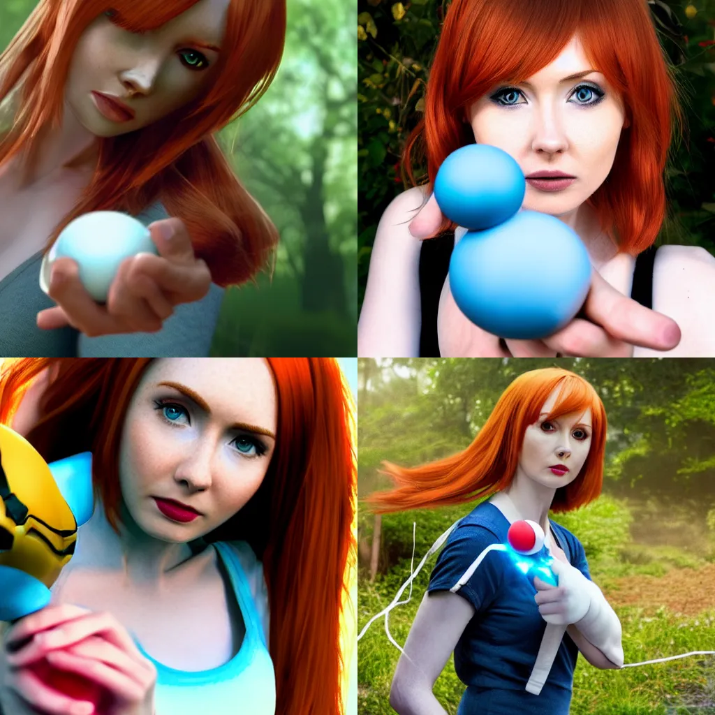 Prompt: Karen Gillan as Misty from Pokémon: Indigo League + outstretched arm holding a Poké Ball + close-up shot + photo realism + cinematic + realistic, 8K