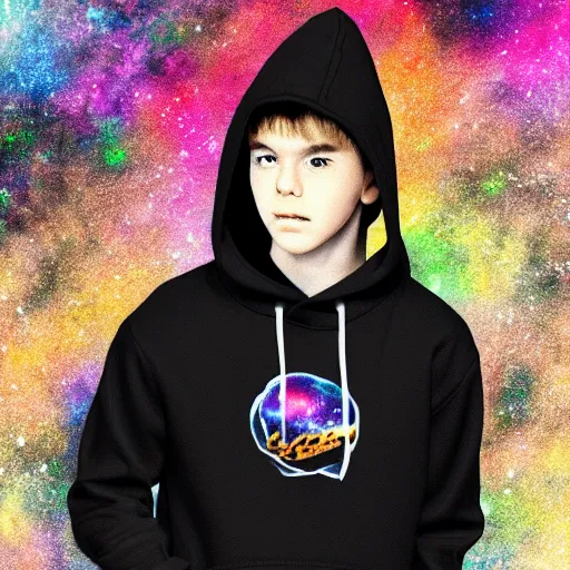 Image similar to boy dressed a black hoodie, flying in galaxy, lo-fi style, digital art, trending on ArtStation, detalied, high quality,