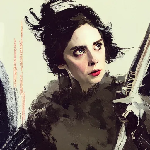 Image similar to alison brie as john snow, intricate, elegant, highly detailed, greg manchess, mucha, liepke, ruan jia, jeffrey catherine jones, ridley scott