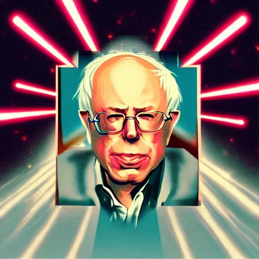 Image similar to bernie sanders with laser beams coming out of his eyes, synthwave