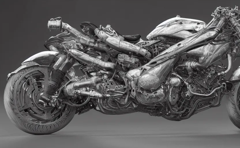 Image similar to Cyberpunk yamaha motorcycle, hyperrealistic mixed media, stunning 3d render inspired art by P. Craig Russell and Barry Windsor-Smith + perfect facial symmetry + dim volumetric lighting, 8k octane beautifully detailed render, post-processing, extremely hyperdetailed, intricate futuristic mechanic parts, epic composition, grim yet sparkling atmosphere, cinematic lighting + masterpiece, trending on artstation