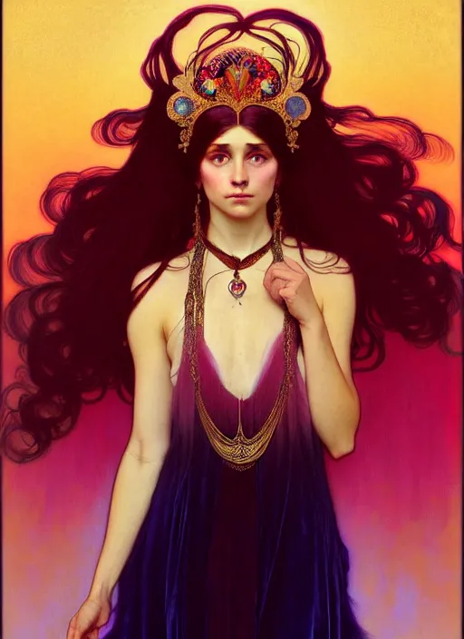 Image similar to ombre velvet gown, feathers, vivid colors, lovely dark autumn princess, portrait, long hair, tiara, jeweled choker, by alphonse mucha, brom, greg rutkowski, anato finnstark