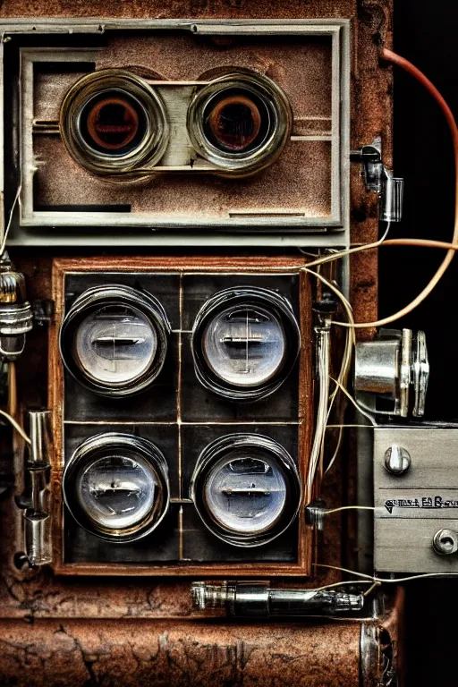 Prompt: A photo of a very old opened camera with vacuum tubes, capacitors and coils inside by Annie Lebovitz and Steve McCurry, grungy, weathered Ultra detailed, hyper realistic, 4k