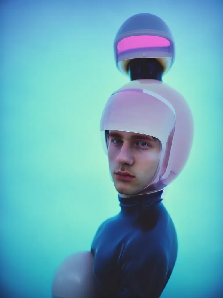 Image similar to high quality pastel coloured film portrait photograph of a beautiful young 2 0 year old male, soft facial features, short hair, perspex space helmet and oversized inflated clothing!! icelandic black rock pool environment. atmospheric three point light. photographic. art directed. ( pastel colours ). volumetric. clearcoat. waves. 8 k. filmic.