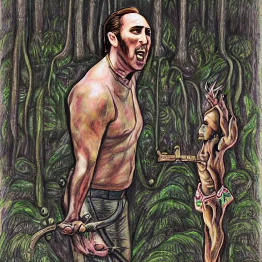 Image similar to a detailed gouche drawing of nicholas cage performing a voodoo magick ritual in the swamps of lousiana, award winning art, artstation, cinematic, magic realism