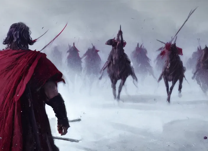 Image similar to cinematic shot of a mysterious old man with a staff and purple robes standing before a cavalry charge of warriors wearing red armor by Greg Rutkowski, 4k, masterpiece