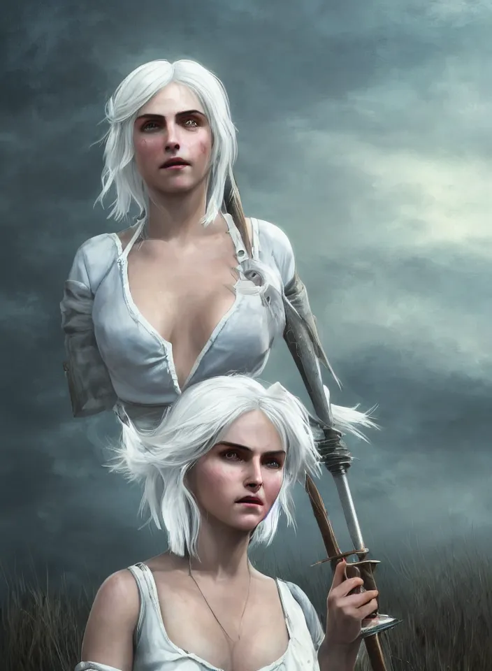 Image similar to a half portrait of ciri from the witcher 3 wearing a white sundress in fallout 4, platinum hair, fantasy setting, beautiful face, warm colors, serene lighting, atmospheric, cinematic, moody, in the style of diego koi, gina heyer, luiz escanuela, art by alyssa monk, hyperrealism, rule of thirds, golden ratio, oil on canvas, 8 k