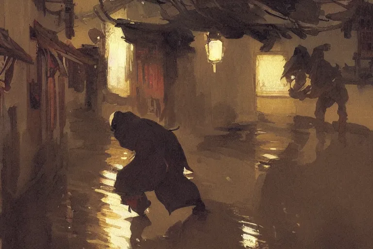 Prompt: portrit of a ninja on a rainy night by joaquin sorolla, greg rutkowski, hokusai