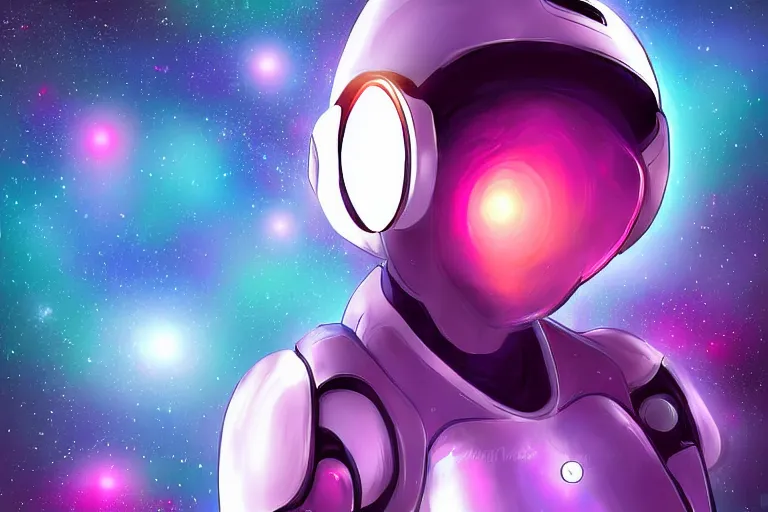 Image similar to a beautiful calm robot girl looking up at the galaxy, digital art, synthwave,