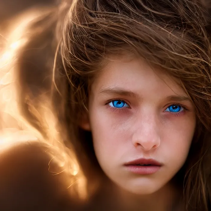 Image similar to photographic Close-up face of a extremely beautiful girl and light brown hair , high light on the left, Sharp focus, cinematic lighting ,non-illuminated backdrop, illuminated by a dramatic light, volumetric light, Low key lighting, light dark, High constrast, dramatic , Steve Mccurry, Norman Rockwell, Craig Mulins ,dark background, high quality, photo-realistic, 8K