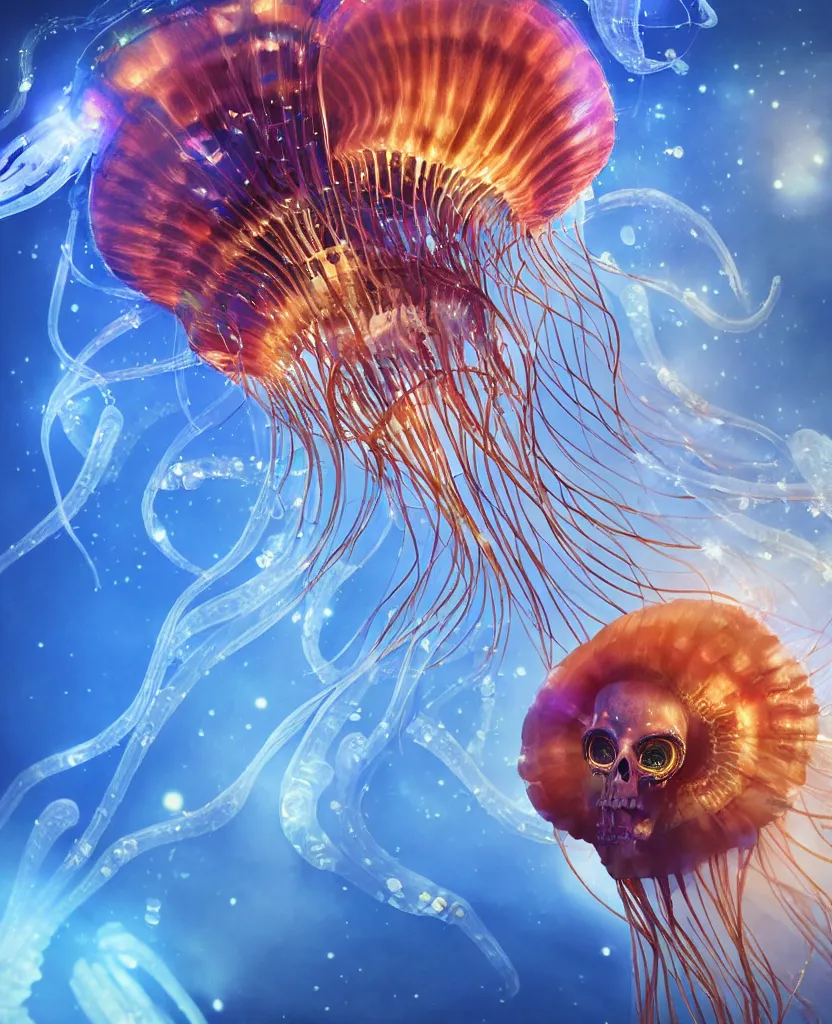 Image similar to close-up portrait of the face of a beautiful princess in a twisted flowers jellyfish mask in a spaceman suit surrounded by energy flow, epic angle and pose, symmetrical artwork, 3d with depth of field, blurred background, floating jellyfish skull phoenix bird, translucent, nautilus, energy flows of water and fire. a highly detailed epic cinematic concept art CG render. made in Maya, Blender and Photoshop, octane render, excellent composition, cinematic dystopian brutalist atmosphere, dynamic dramatic cinematic lighting, aesthetic, very inspirational, arthouse. y Greg Rutkowski, Ilya Kuvshinov, WLOP, Stanley Artgerm Lau, Ruan Jia and Fenghua Zhong