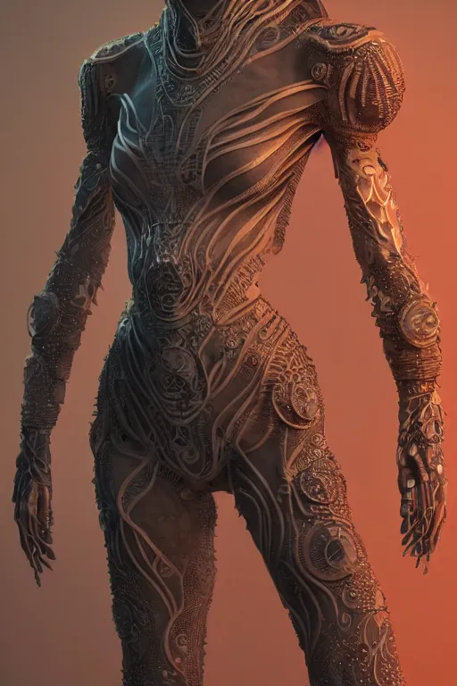 Prompt: full body portrait of a he Keeper of the mountain caves with light tattoos and decals wearing a futuristic organic clothe, intricate design, photorealistic, octane render, raytraced, ultra fine detailed, character design, trending on artstation