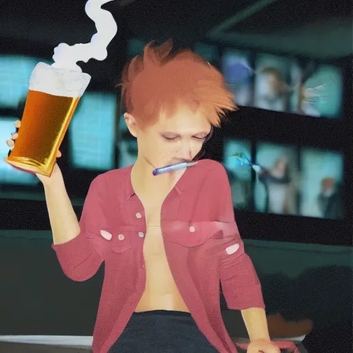 Prompt: a realistic photo of my little angel smoking cigarettes and drinking beer in a nightclub in a futuristic world