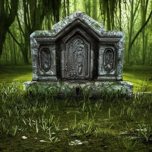 Prompt: side view of a beautiful abandoned tombstone with an embedded emerald laying on the ground, in a deep forest, overgrown foliage taking over it, close - up, 3 5 mm, biopunk, bokeh, beautiful, lens flare, emotional, detailed, picture, trending on artstation, award - winning, shiny, golden, octane render