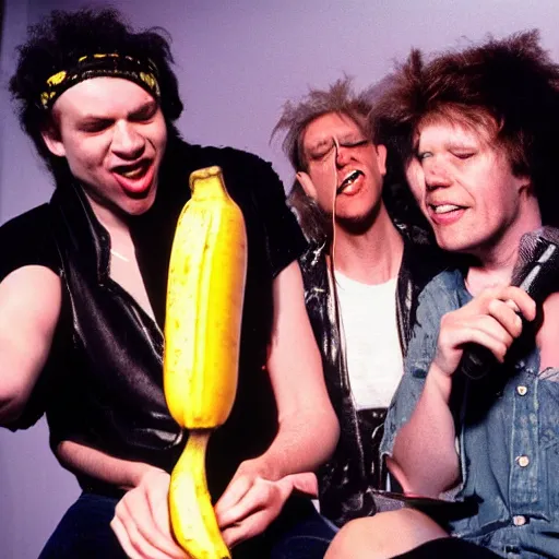 Image similar to 8 0 s punk rock band holding banana microphone, with banana costumed background singers, concert photo, getty images