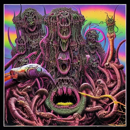 Image similar to thrash metal album cover in the style of wayne barlowe and kenny scharf and philippe druillet, realistic, insanely detailed, intricate, smooth, airbrush, play-doh