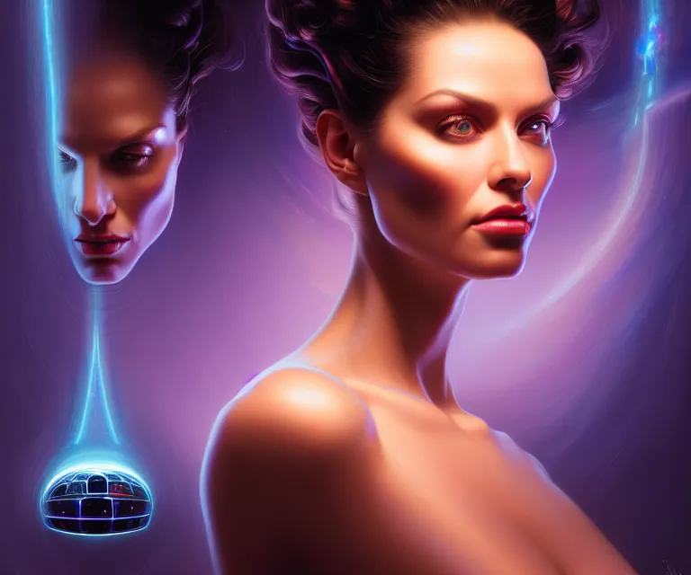 Image similar to beauty woman with detailed faces, in holograms of alien artifacts, electrical case display, total recall tech, , ultrarealistic, dramatic lighting, electrical details, high details, 4k, 8k, best, accurate, trending on artstation, artstation, photorealism, ultrarealistic, digital painting, style of Peter Mohrbacher, Caravaggio, Boris Vallejo