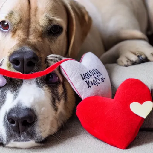 Image similar to dogs surrounded by cuddly toys and love hearts