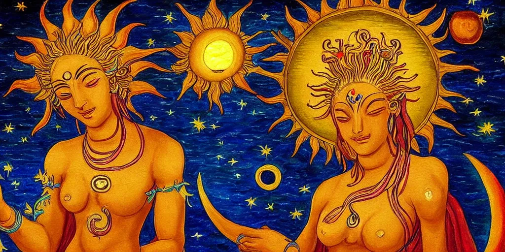 Prompt: very detailed astral painting of goddess of sun and moon crying in a very detailed river