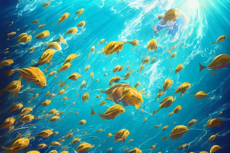 Image similar to portrait of goldfishes swarming the ocean. shadow and light. rays of light. energetic, dynamic, lively, detailed, intricate, complex. fine art by hayao miyazaki, akira toriyama, and makoto shinkai.