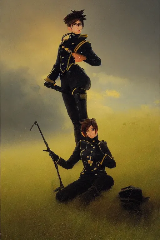 Prompt: oil painting of tracer overwatch in a field of grass wearing black uniform, in style of ivan aivazovsky, full body