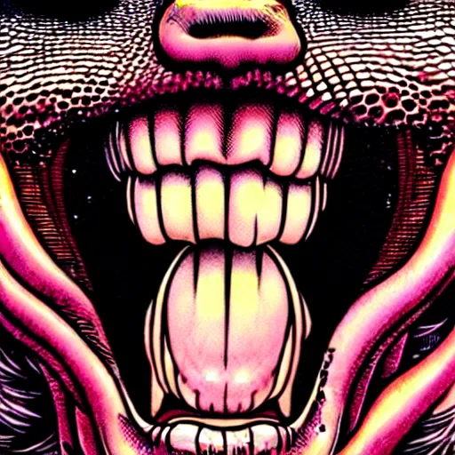 Image similar to closeup of face melting and tongues, by yoichi hatakenaka, masamune shirow, josan gonzales and dan mumford, ayami kojima, takato yamamoto, karol bak