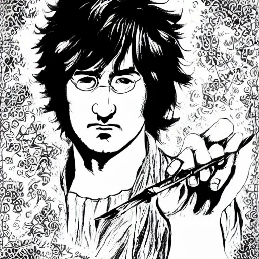 Image similar to pen and ink!!!! attractive 22 year old monochrome!!!! John Lennon highly detailed manga Vagabond!!!! telepathic floating magic swordsman!!!! glides through a beautiful!!!!!!! battlefield magic the gathering dramatic esoteric!!!!!! pen and ink!!!!! illustrated in high detail!!!!!!!! graphic novel!!!!!!!!! by Gustav Klimt, Moebius, and Hiroya Oku!!!!!!!!! MTG!!! award winning!!!! full closeup portrait!!!!! action manga panel